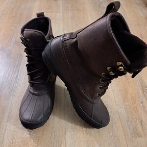 UGG Australia Brown Lace Up Waterproof Leather Boots Beige Insole Men's 10